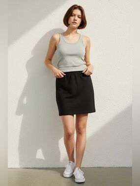 TRICOTTO (M) Viscose Mini Skirt Black Stretch Elastic Waist Pull-On Lightweight